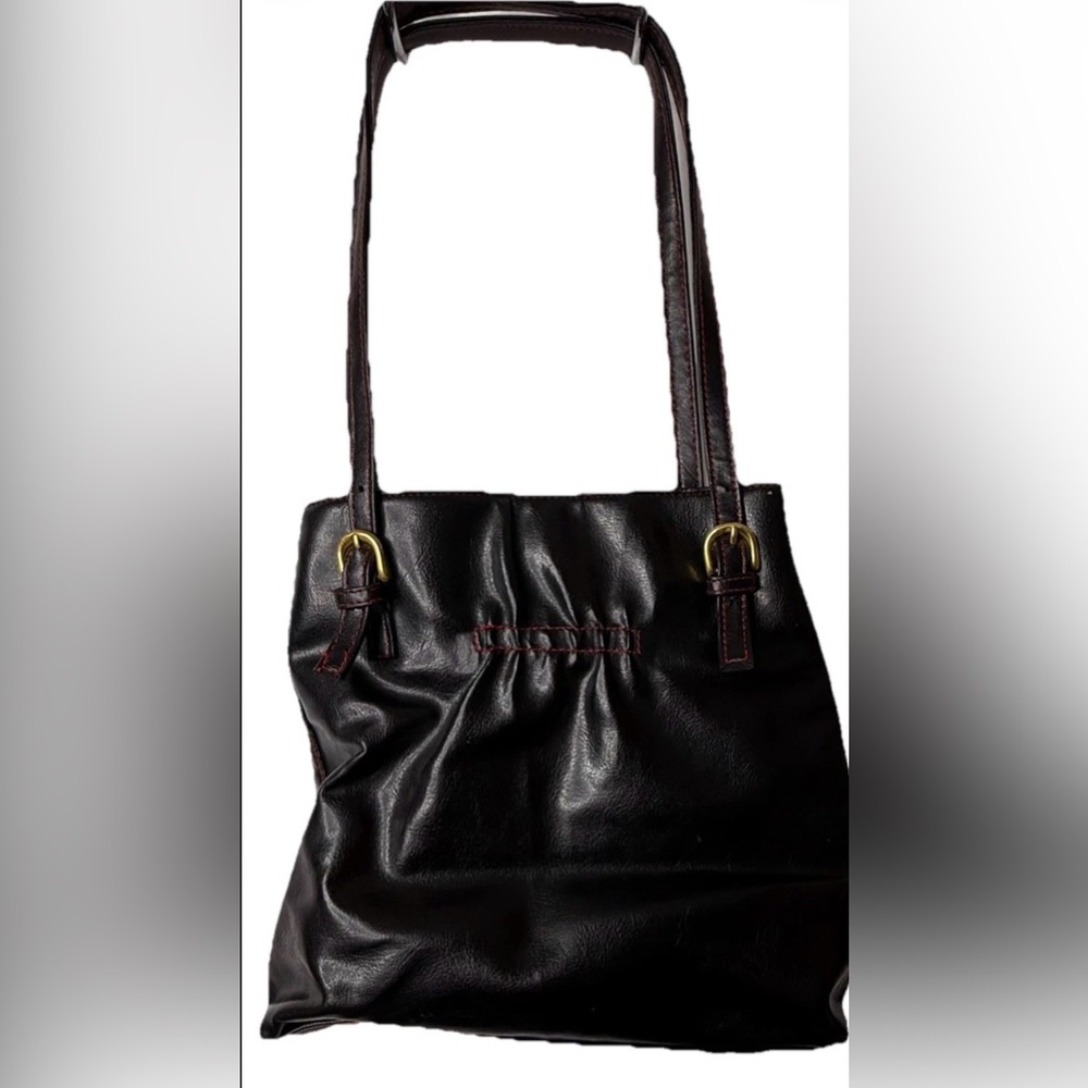 Victoria’s Secret Shiny Black Red Shoulder Bag Purse Faux Leather Square Cinched